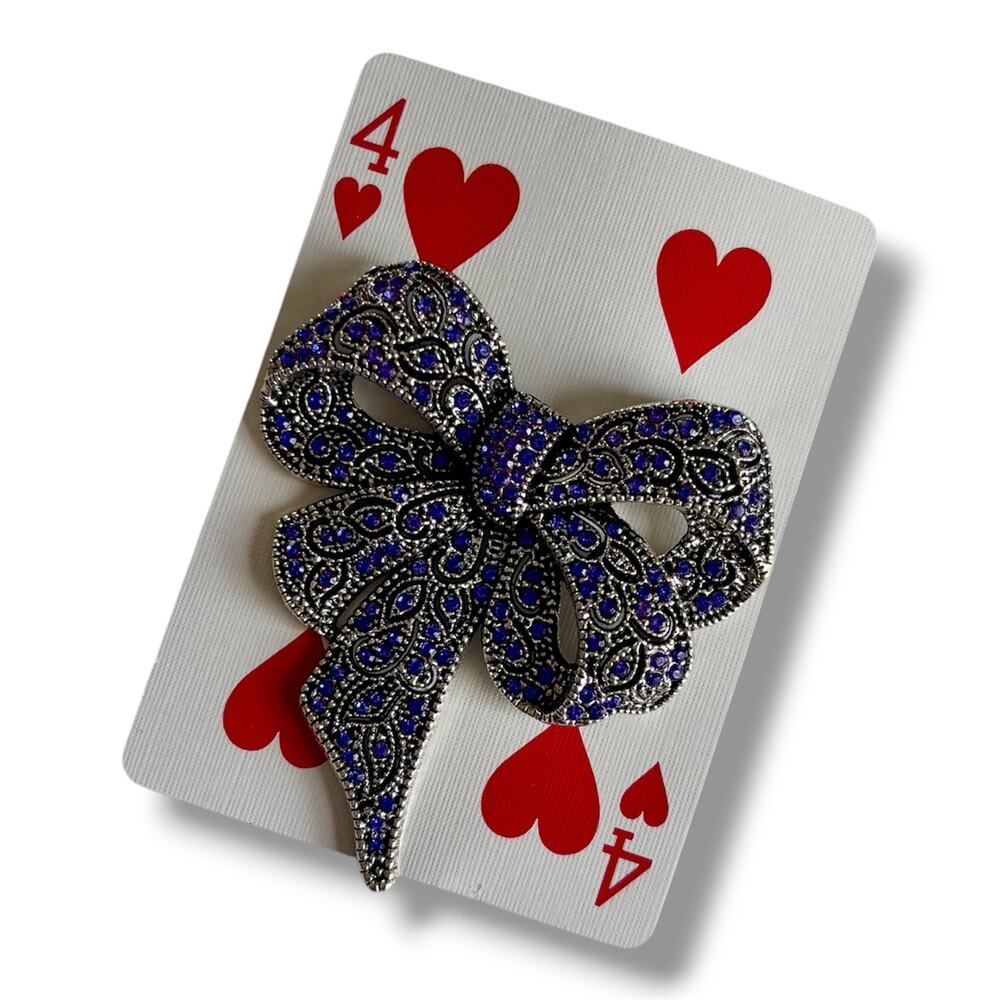Silver & Blue Bow Brooch Crystal Rhinestone Retro Fashion Accessories